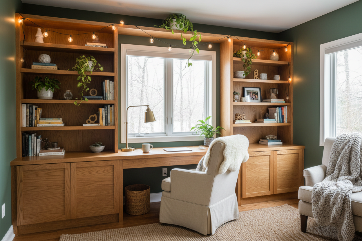 Home office with wooden shelving